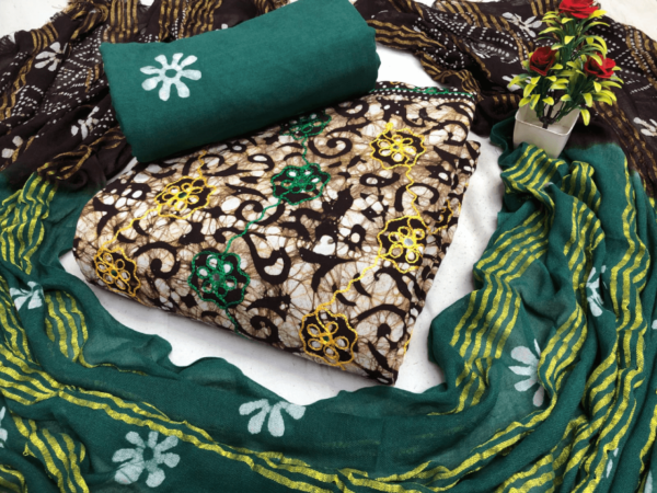 BROWN & GREEN RAYON DISCHARGE WAX BATIK WITH RESHAM WORK