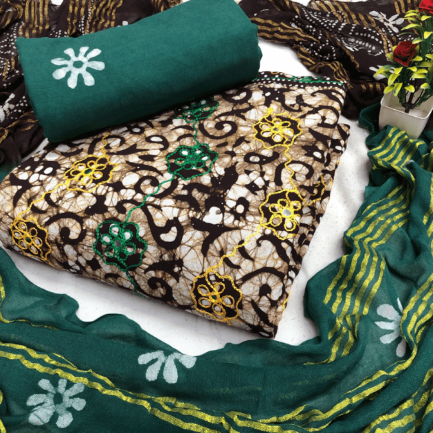 BROWN & GREEN RAYON DISCHARGE WAX BATIK WITH RESHAM WORK