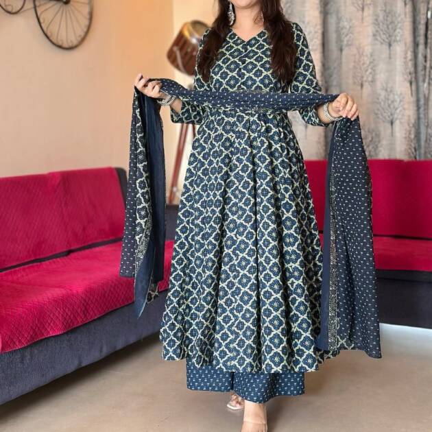 Cotton Jaipuri Printed Full Flair Anarkali With printed Plazzo and duppata set
