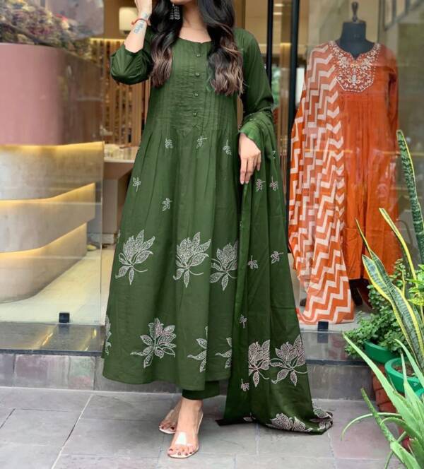 Cotton discharge print kurti with pant and mulmul printed dupatta