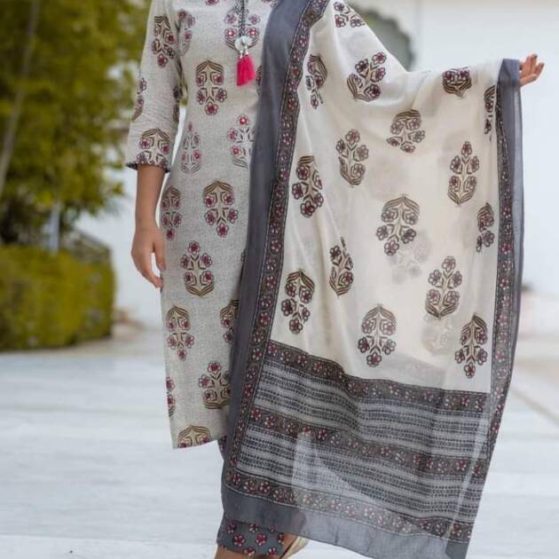 Kurti pant dupptta set with adda work on yoke