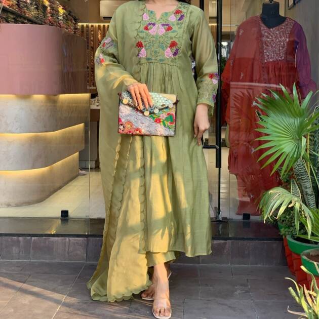 Three pice set with organza dupatta