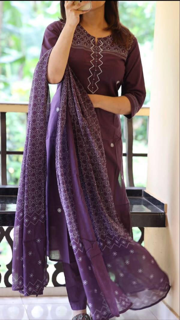Embroidery work kurti with pant & cotton 100-100 dupatta